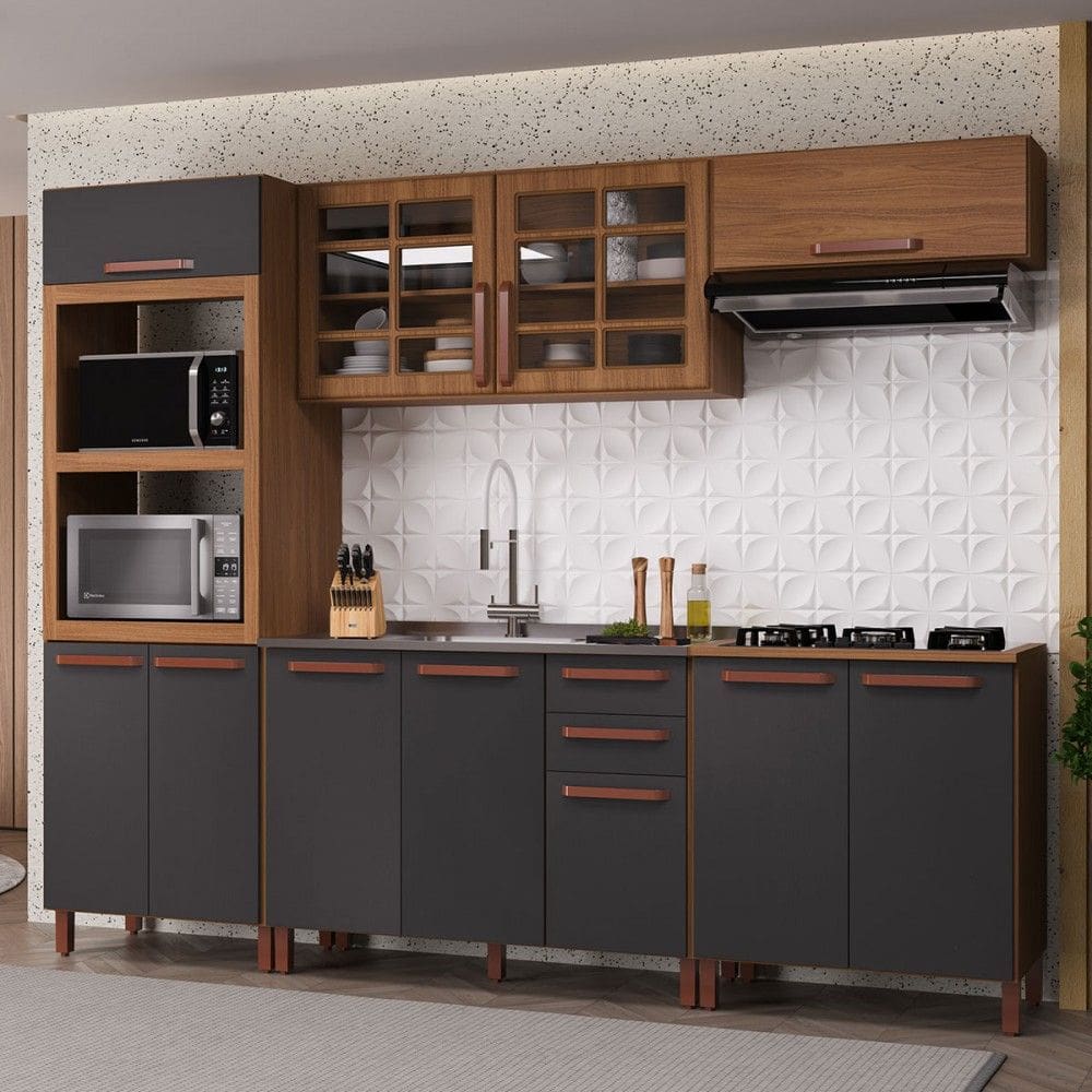 Cozinha Completa Monza 11 Portas 2 Gavetas com Vidro 6172.160 Freijó/Cinza - Indekés