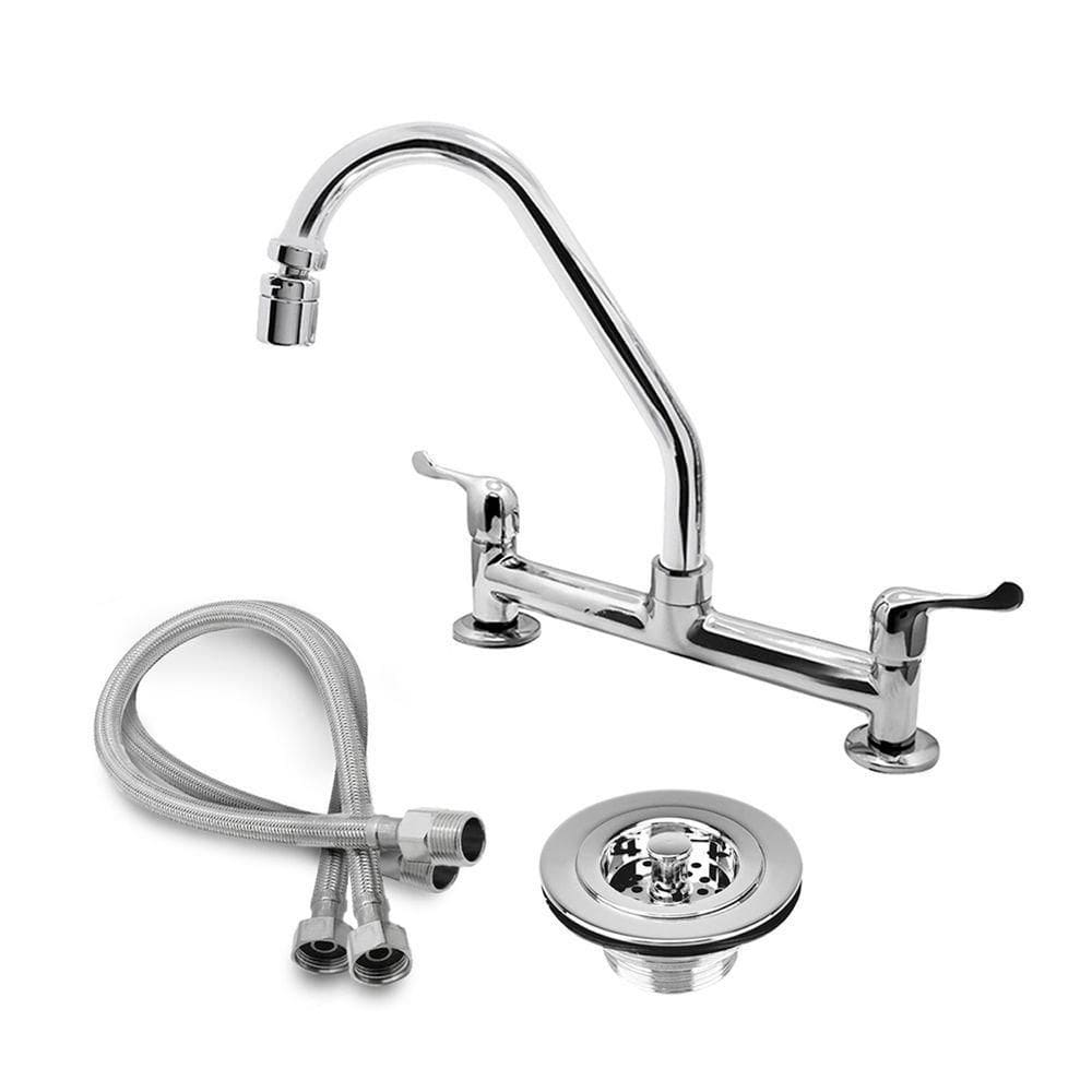 Torneira Pia Cozinha Misturador Mesa + Valvula Americana + 2 Engates Malha De Aço 40cm Cromado