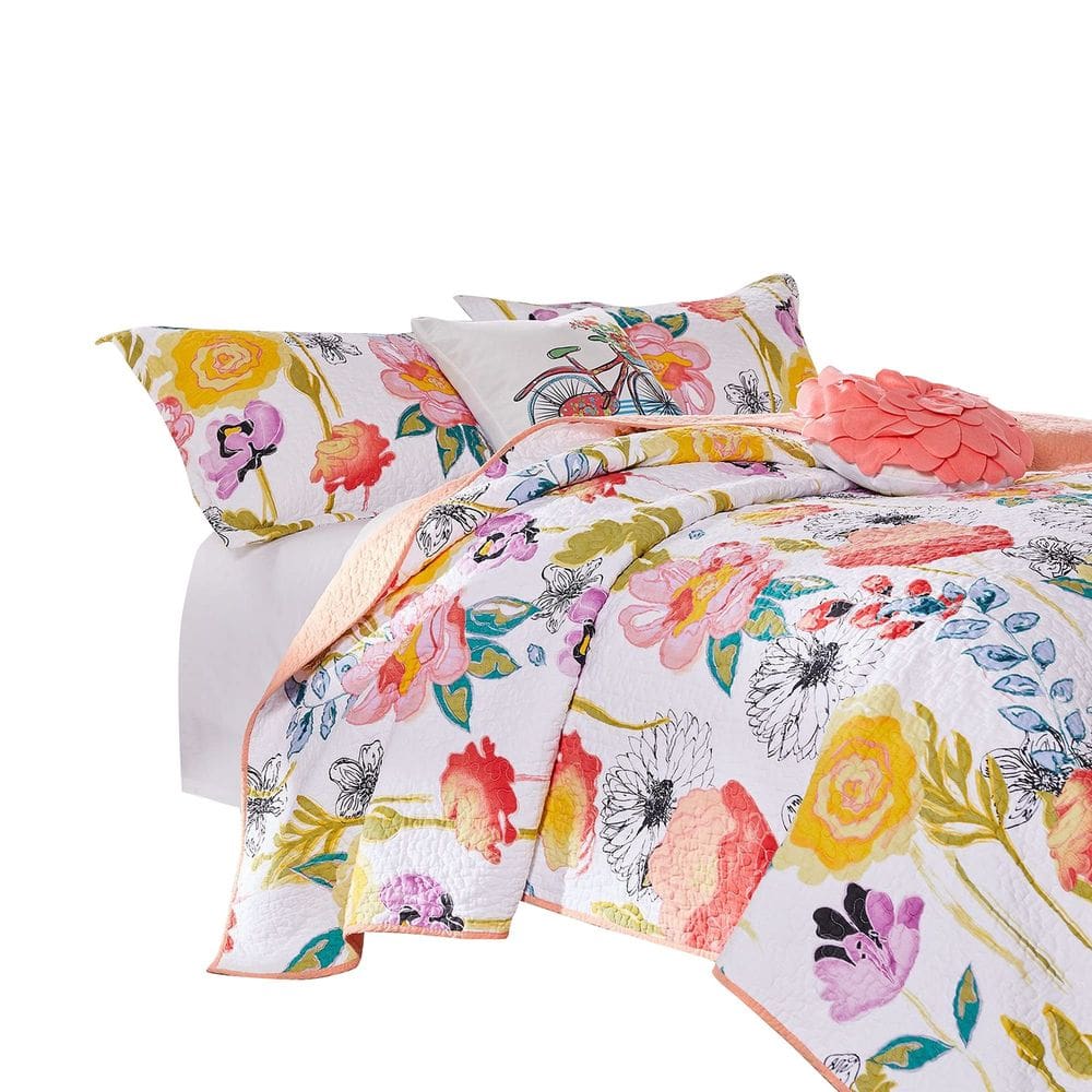 Conjunto de roupa de cama Benzara Mavi de 4 peças Reversível Floral Twin