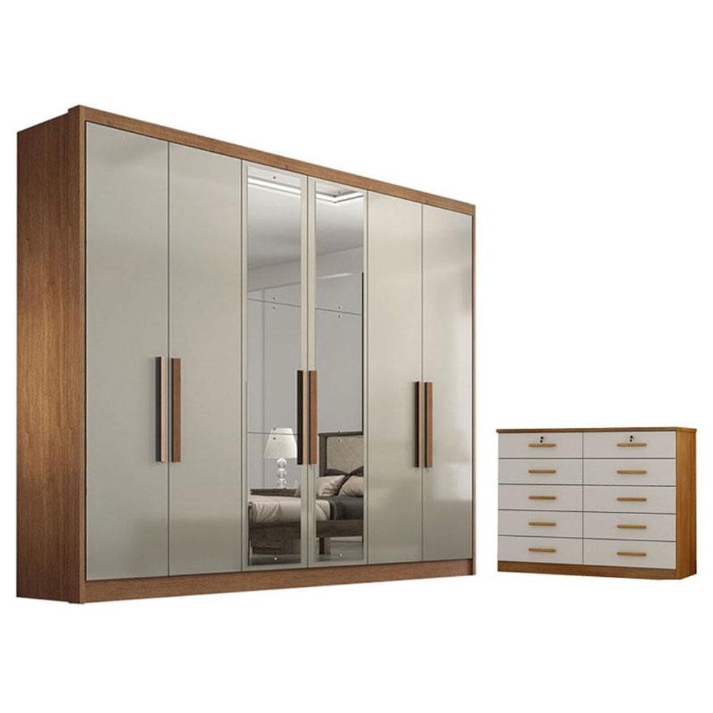Guarda Roupa Casal Linea com Espelho e Gaveteiro Milão com Chave Cumaru 25 Fendi - Novo Horizonte