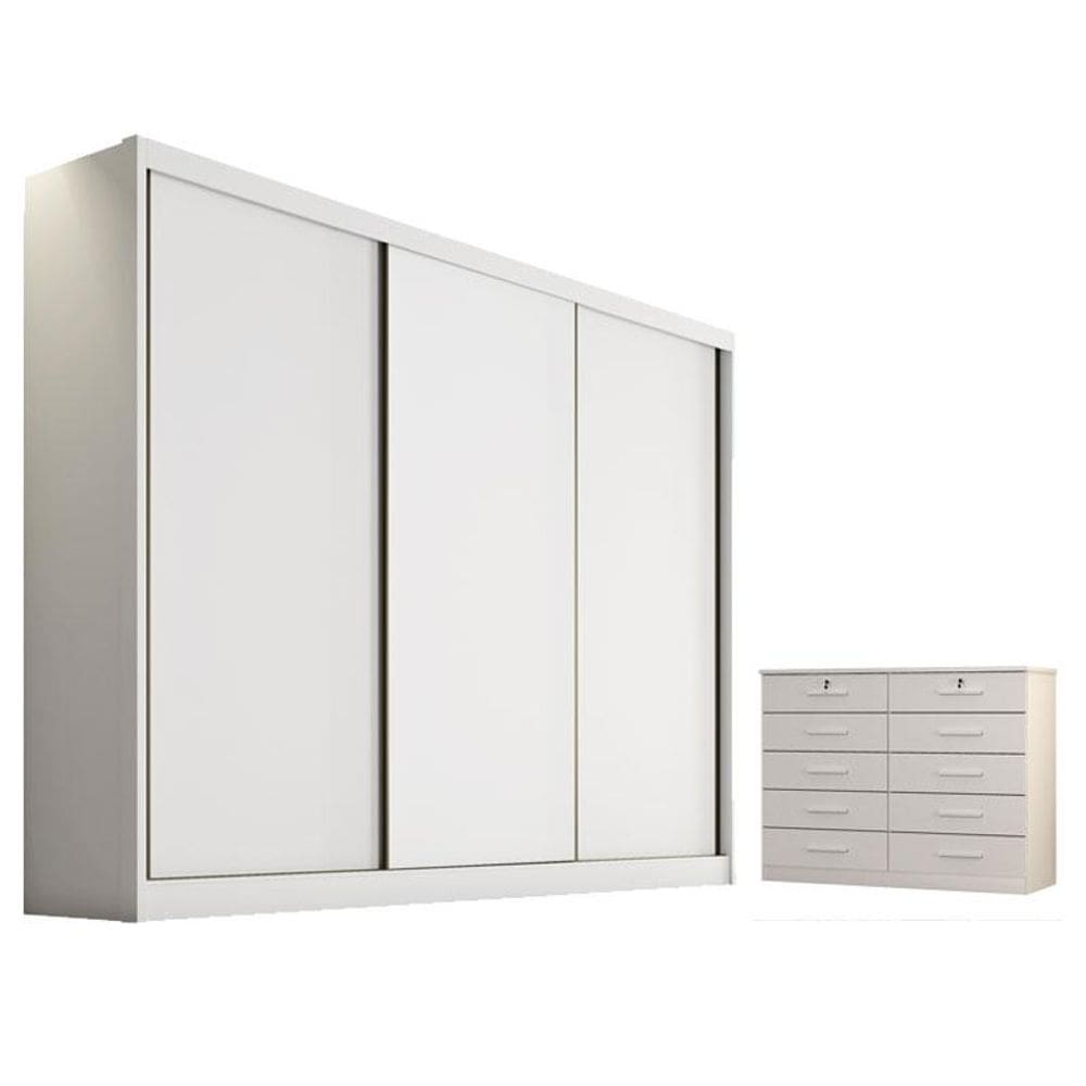 Guarda Roupa Casal Logan e Gaveteiro Milão com Chave Neve - Novo Horizonte