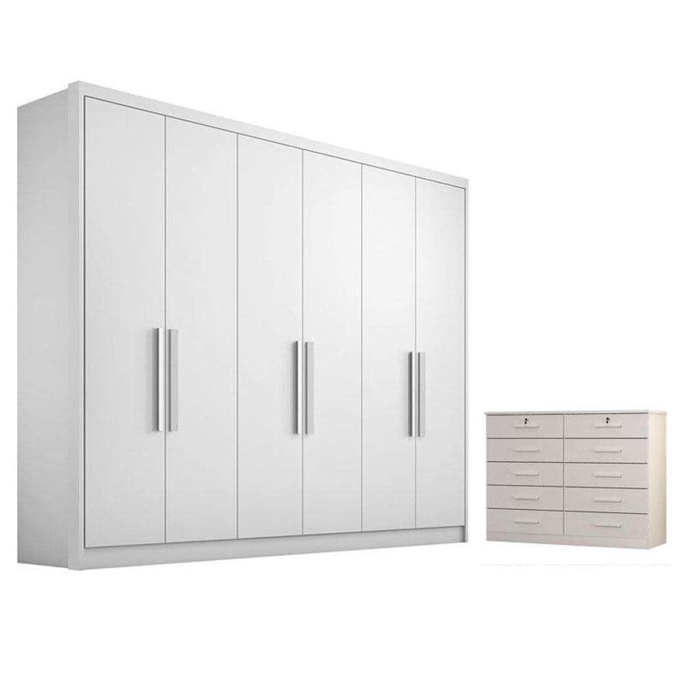 Guarda Roupa Casal Linea e Gaveteiro Milão com Chave Neve - Novo Horizonte