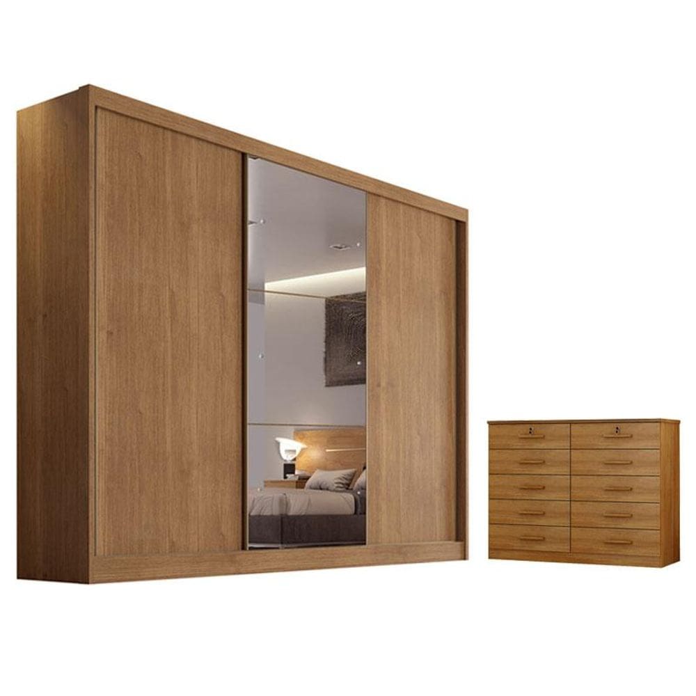 Guarda Roupa Casal Sonetto com Espelho e Gaveteiro Milão com Chave Cumaru 23 - Novo Horizonte
