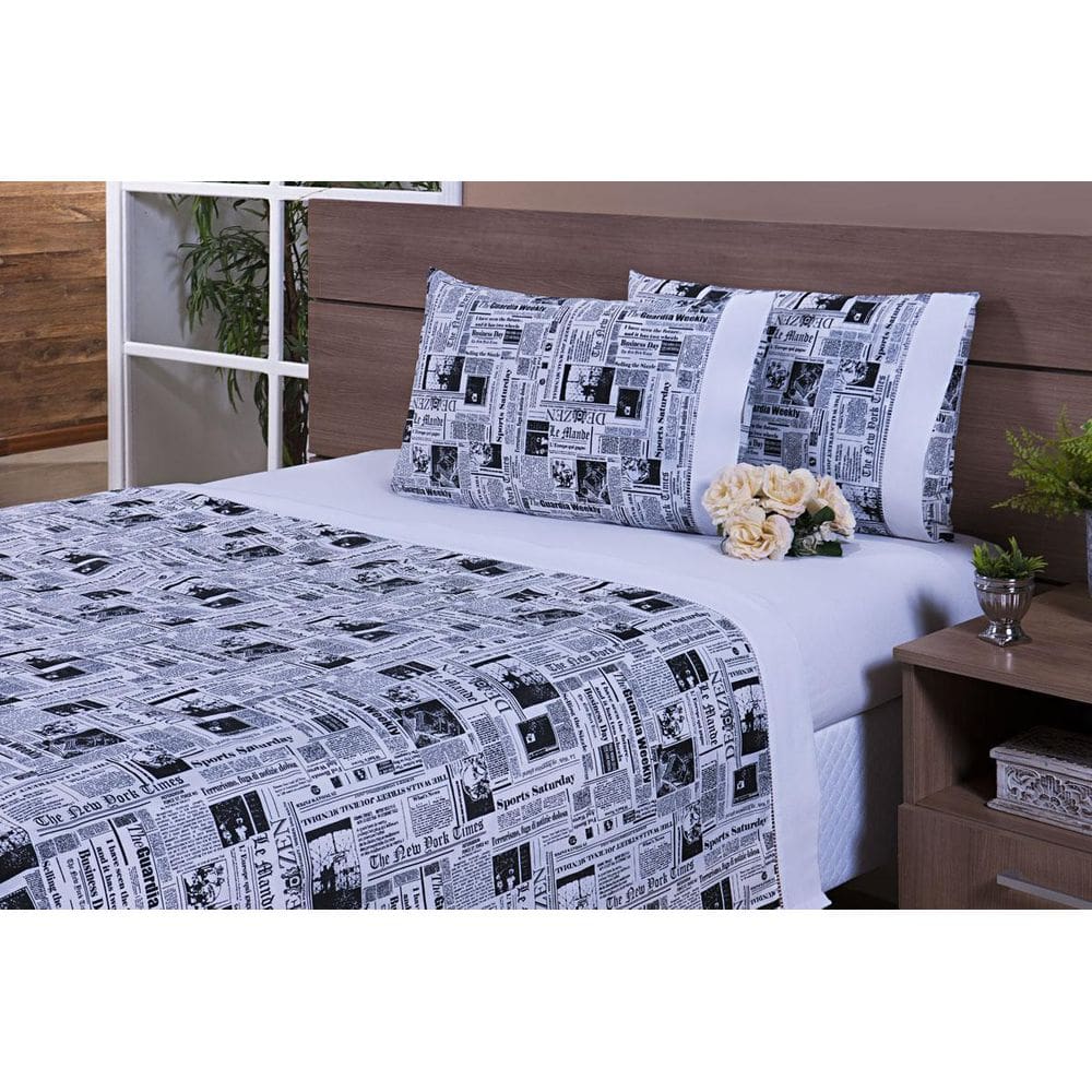 Jogo Lençol 4 Peças Cama Viúva Percal Jornal Barrado Branco