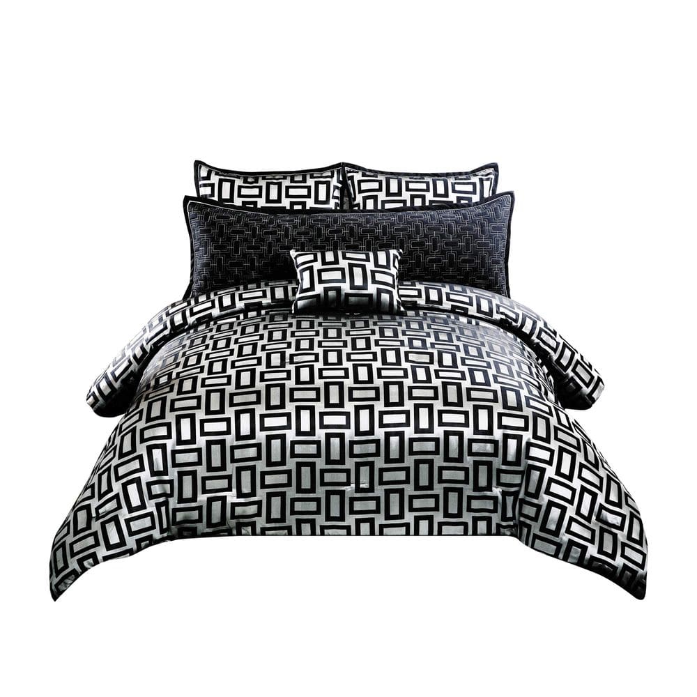Conjunto de cama Benzara Queen, edredom de poliéster, cinza, preto