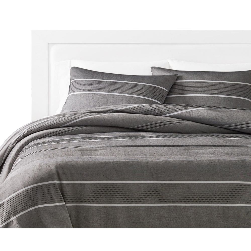 Conjunto de edredom Benzara Arlo Queen, 3 peças, cinza listrado