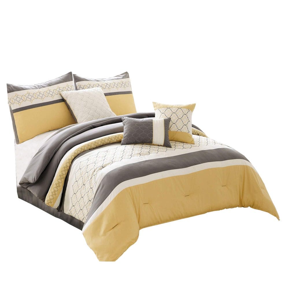 Conjunto de cama Benzara Comforter King Size Poliéster Amarelo Cinza