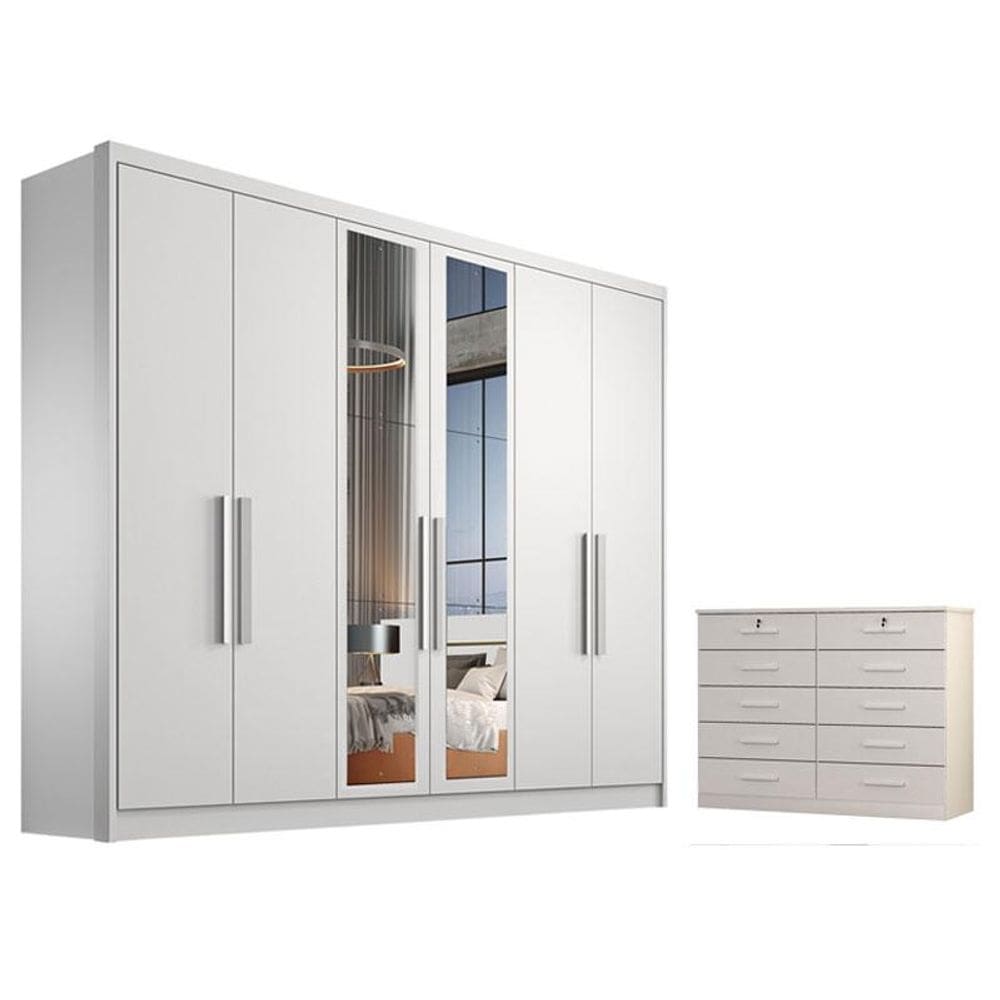 Guarda Roupa Casal Linea com Espelho e Gaveteiro Milão com Chave Neve - Novo Horizonte
