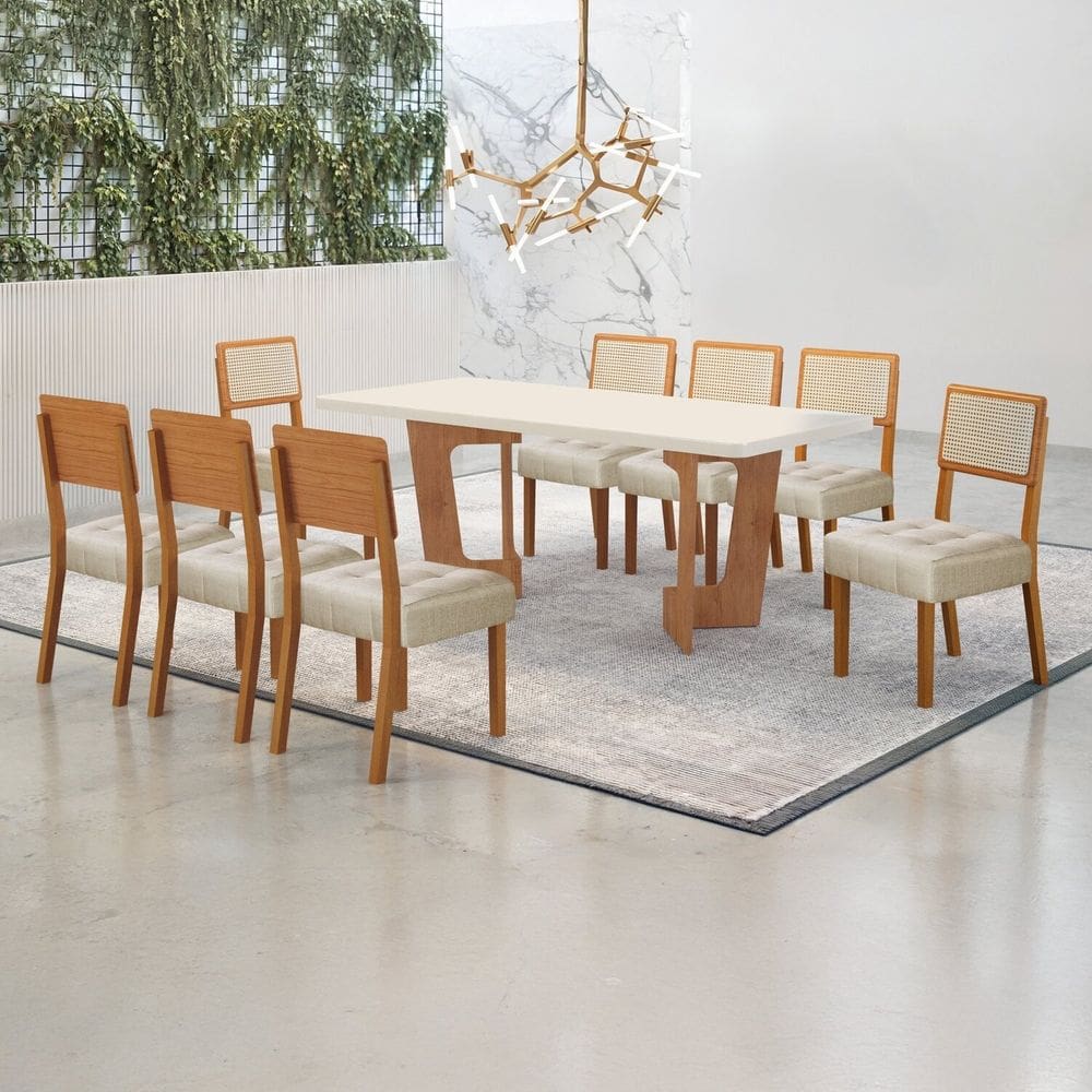 Conjunto Sala de Jantar Mesa 180cm com 8 Cadeiras Liz Cinamomo/Off White