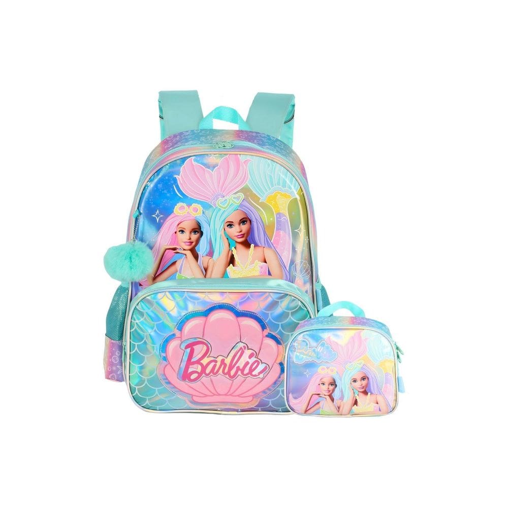 Kit Mochila De Costas+Lancheira Barbie Holográfica - Verde