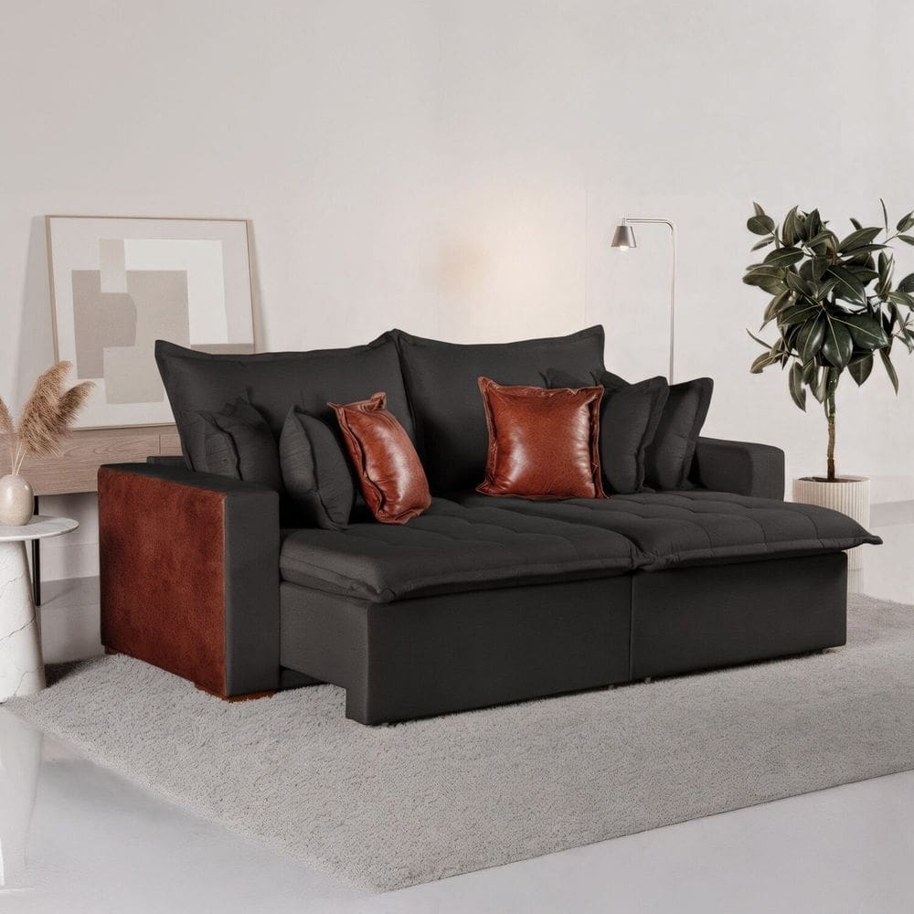 Sofá Retrátil 2 Lugares 220cm X 100cm Siena Preto/Marrom