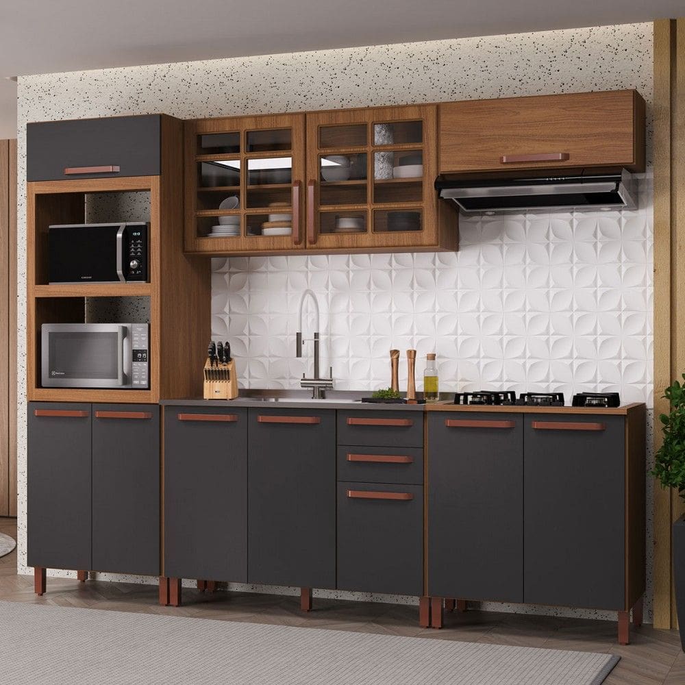 Cozinha Completa Monza 11 Portas 2 Gavetas com Vidro 6172.161 Freijó/Cinza - Indékes