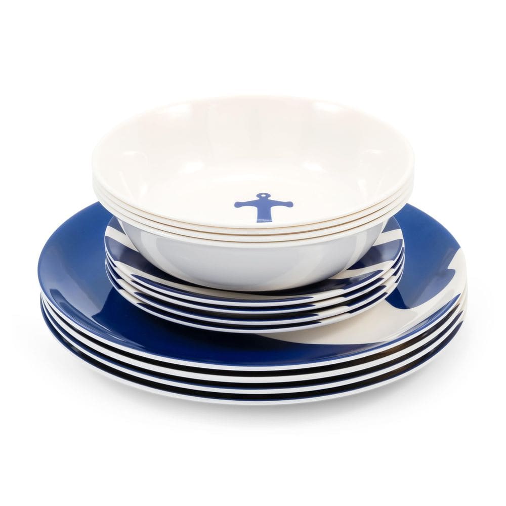 Conjunto de louças de melamina Camco de 12 peças azul branco náutico