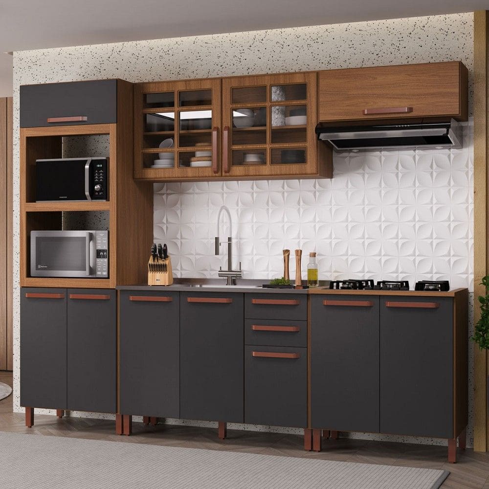 Cozinha Completa Monza 11 Portas 2 Gavetas com Vidro 6172.163 Freijó/Cinza - Indékes