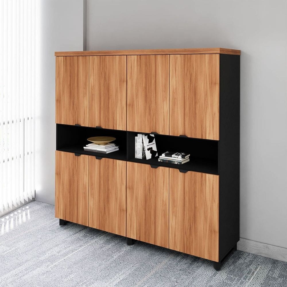 Armário Estante para Escritório com 8 Portas de Abrir e 2 Nichos F5 Office Nogal com Preto