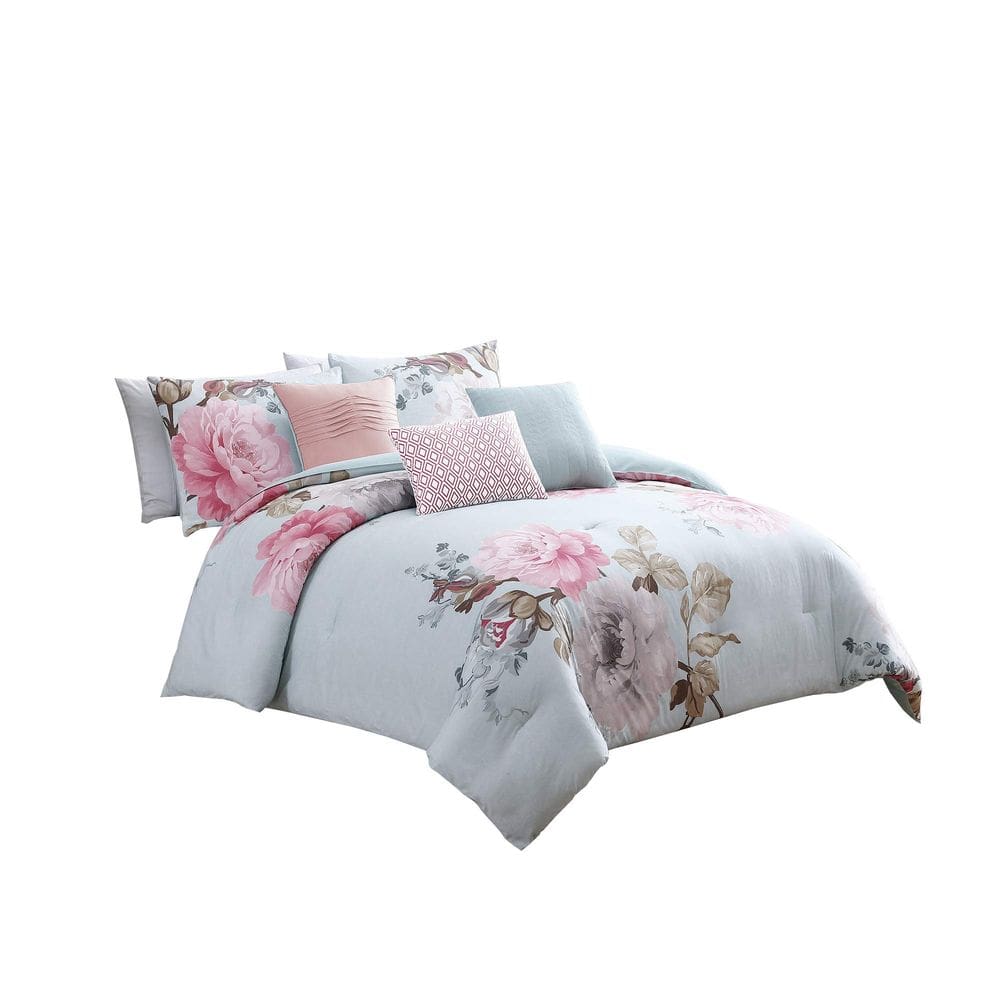 Conjunto de roupa de cama Benzara Queen Size de 7 peças com estampas florais