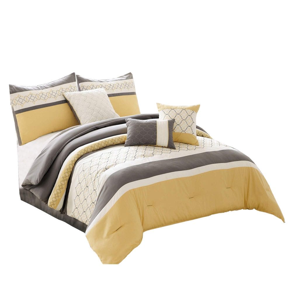 Conjunto de roupa de cama Benzara Queen, edredom amarelo cinza de 7 peças
