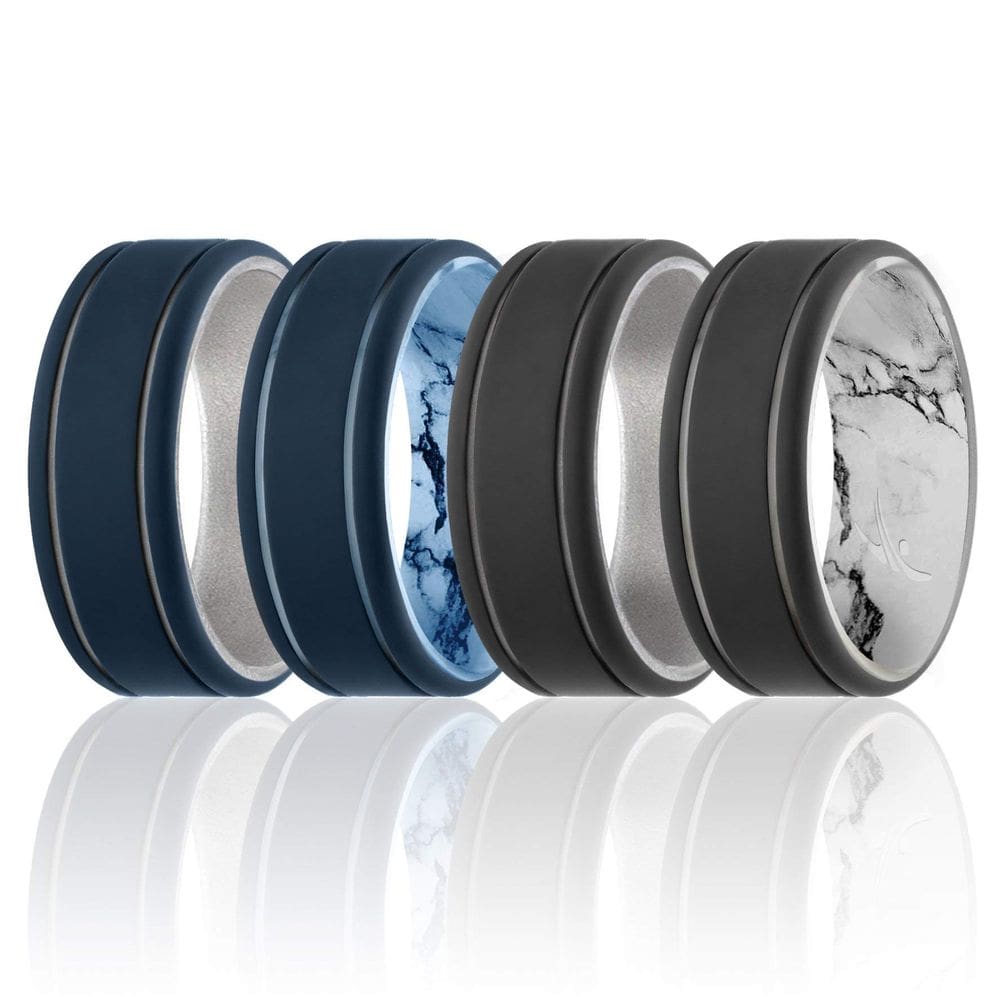 Aliança de casamento de borracha de silicone ROQ para homens, 9 mm, azul escuro, pacote com 4