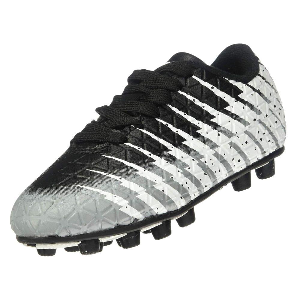 Chuteiras de futebol Vizari Bolt Firm Ground Kids pretas, brancas e prateadas