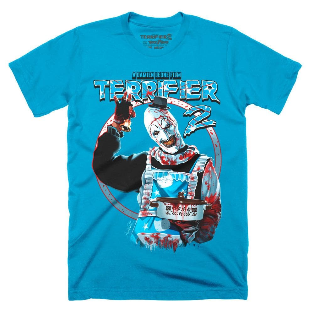 Camiseta ROCKINSTONE Terrifier 2 O jantar é servido em azul elétrico