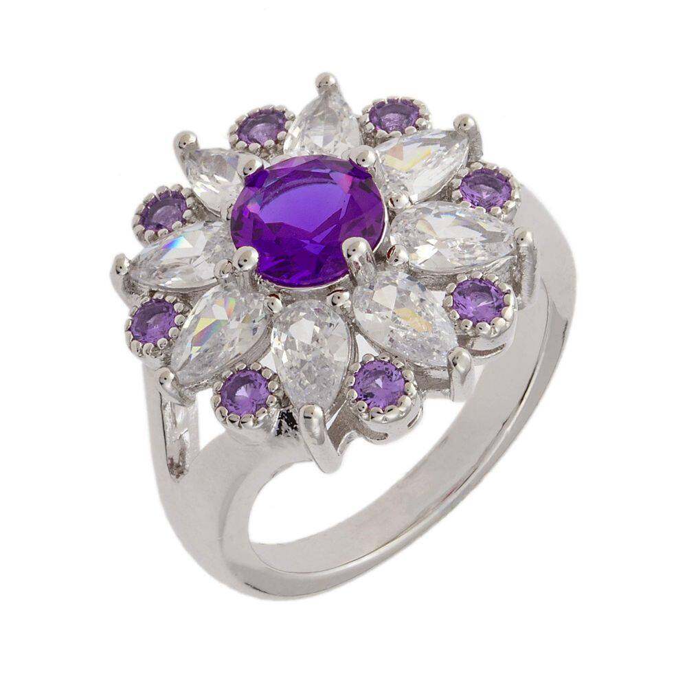 Anel BERTHA Juliet banhado a ouro branco 18k CZ roxo tamanho 5