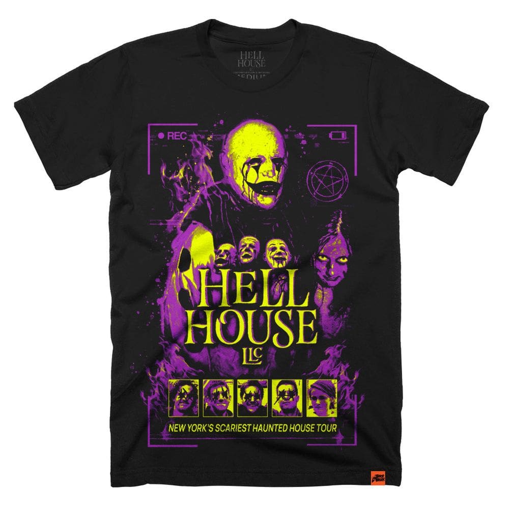 Nova camiseta de gravação da Hell House LLC Never Stop Recording de Halloween 2025