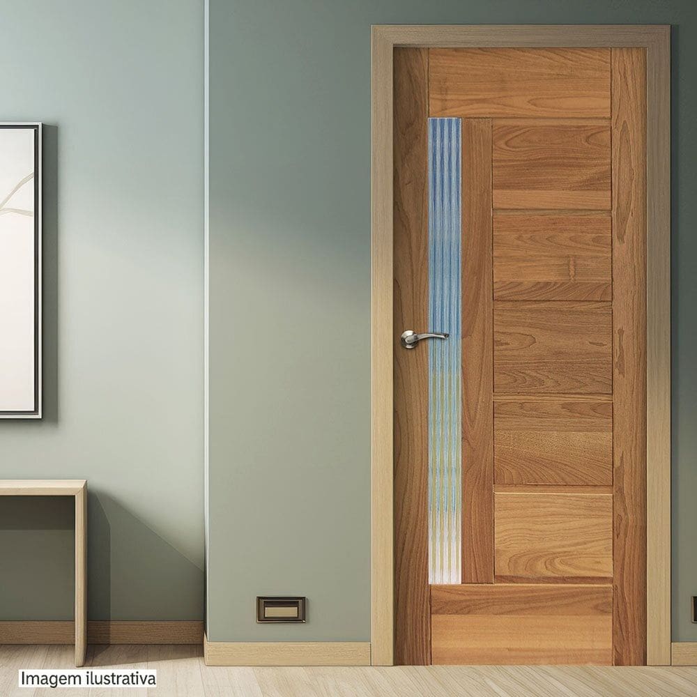 Porta de Madeira Maciça Tauari 210x72x3,3 Réguas Horizontais Vidro Lateral Jomadi Natural