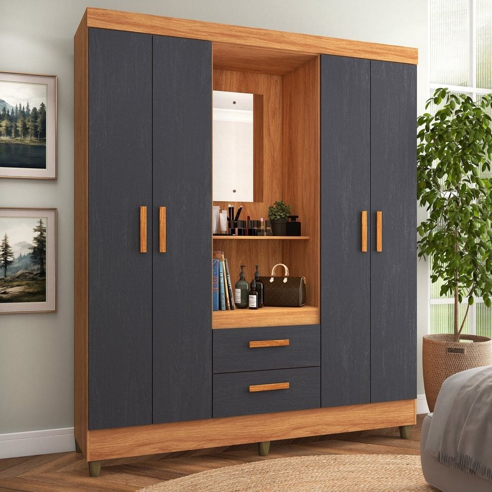 Guarda-roupa Capelinha 4 Portas 2 Gavetas Vetro Cinamomo/Grafite