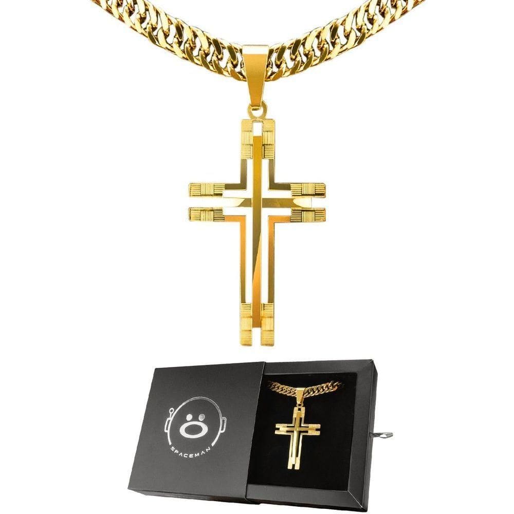 Corrente Banhada Ouro Aço + Pingente Crucifixo Grande + Caixa Casual Qualidade Premium Dourado