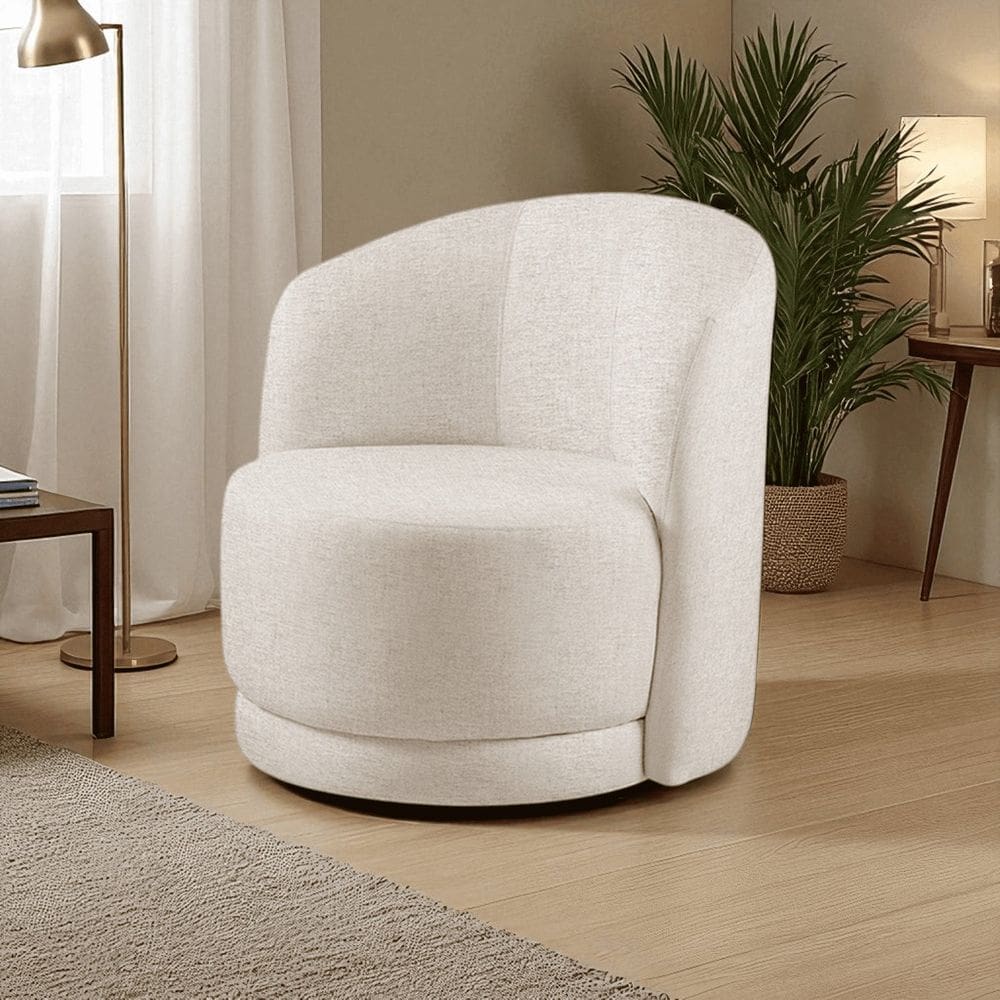 Poltrona para Sala de Estar Madeira Maciça Base Giratória Alice Bege Claro