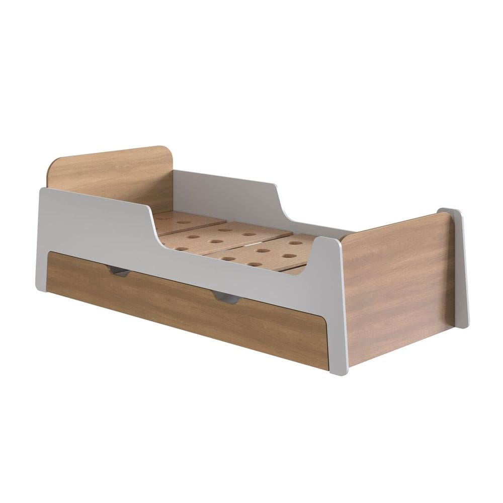 Cama de Solteiro Infantil com Cama Auxiliar 100% Mdf Premium com Estrado Usinado Miguel Branco/ Louro Freijó