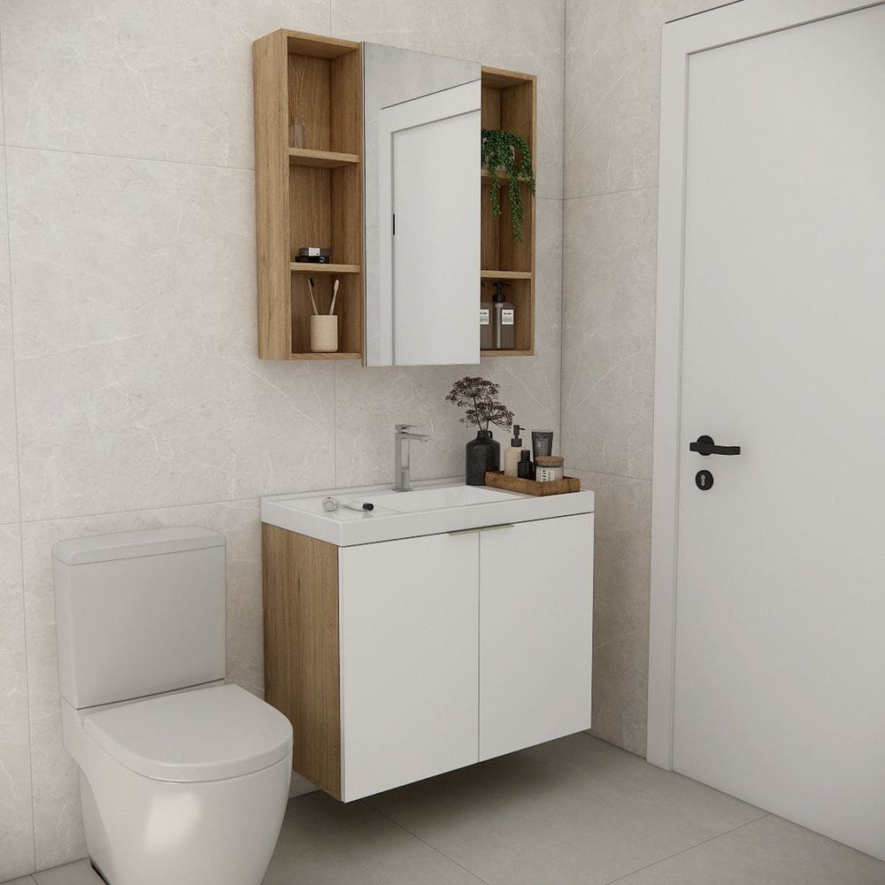 Conjunto de Banheiro sem Cuba 80cm Vittare Carvalho/Branco