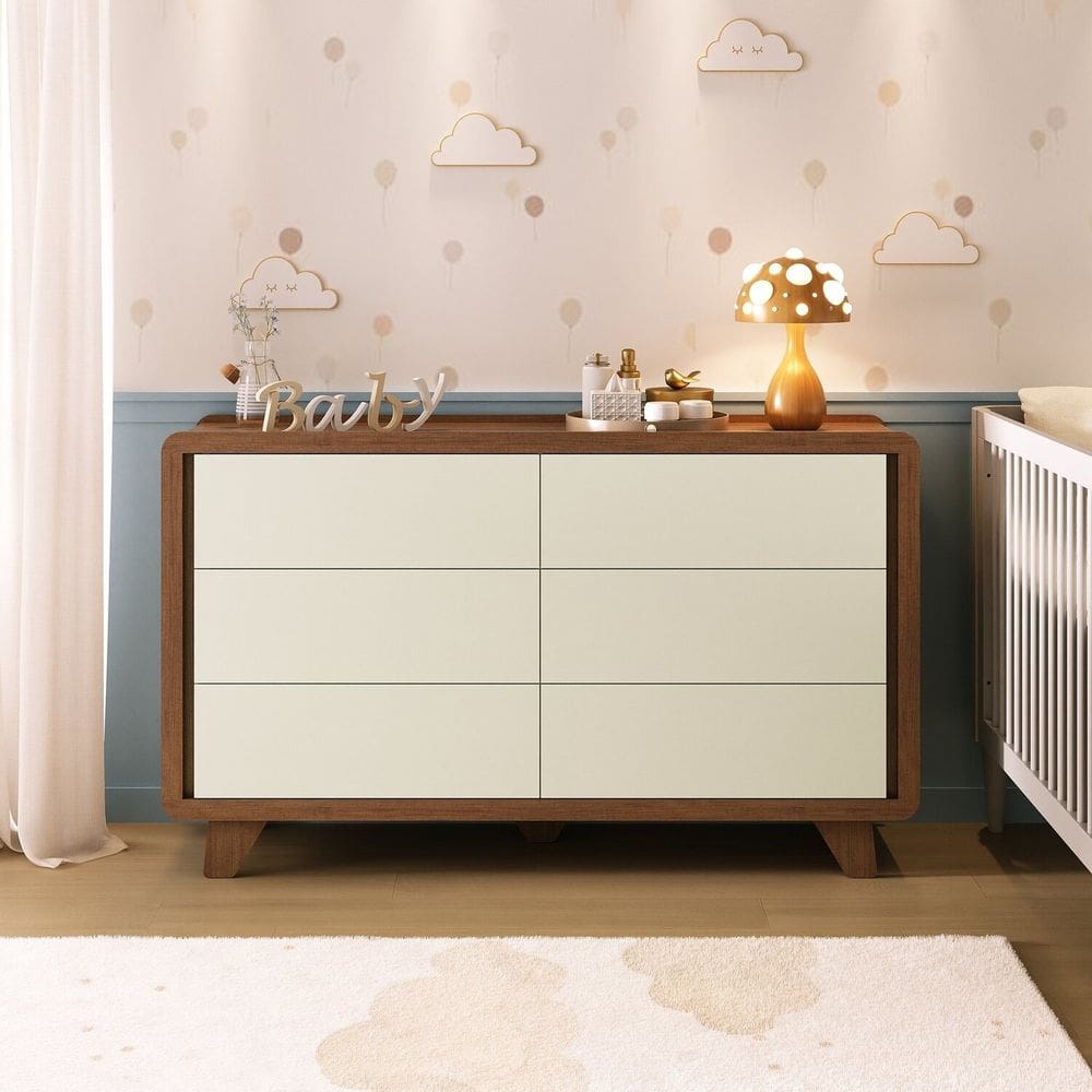 Cômoda Infantil 6 Gavetas 100% Mdf Premium Mabel Off White/ Castanho