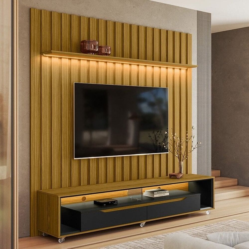 Painel Ripado com Led London 177cm e Rack Loop com Rodízios Tv 70 Polegadas Cedro/Freijó/Preto
