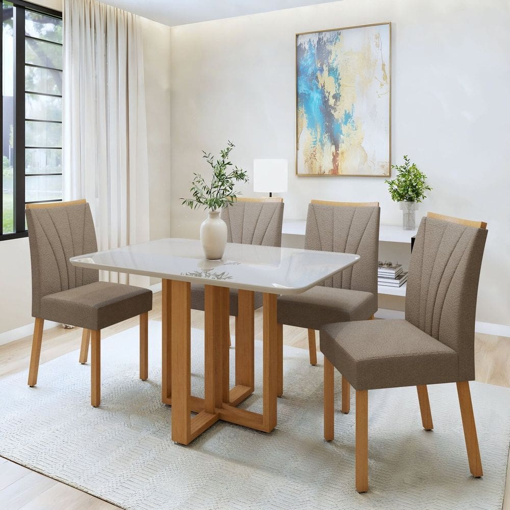Conjunto Sala Jantar Mesa Bold 120cm Tampo Mdf e Vidro 0,4cm e 4 Cadeiras Pés Madeira Maciça Jade Amêndoa Clean/Off White/Animale Bege