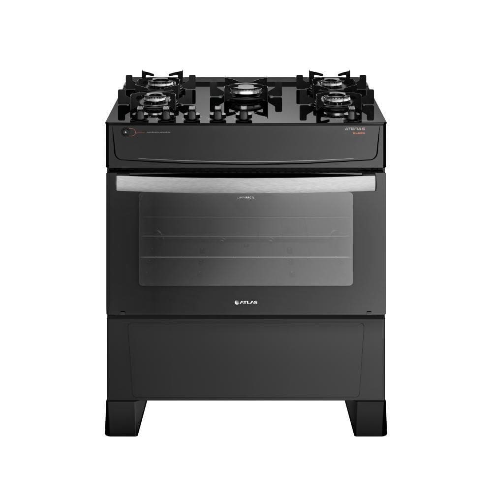 Fogão Atlas 5 Bocas Atenas Glass-Mesa de Vidro Bivolt Preto