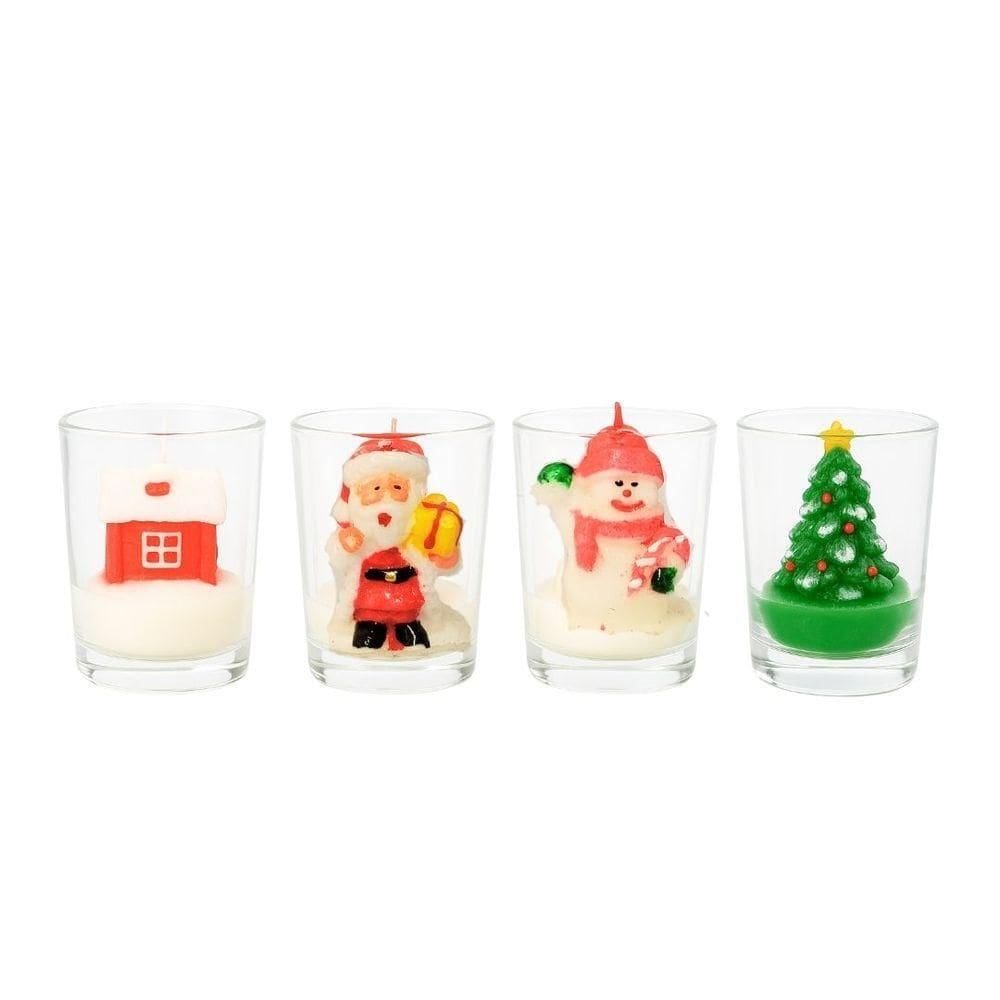 Conjunto 4 Mini Velas Natalinas Decorativas 3d Com Castiçal Vidro Papai Noel, Boneco De Neve, Pinheiro E Casa