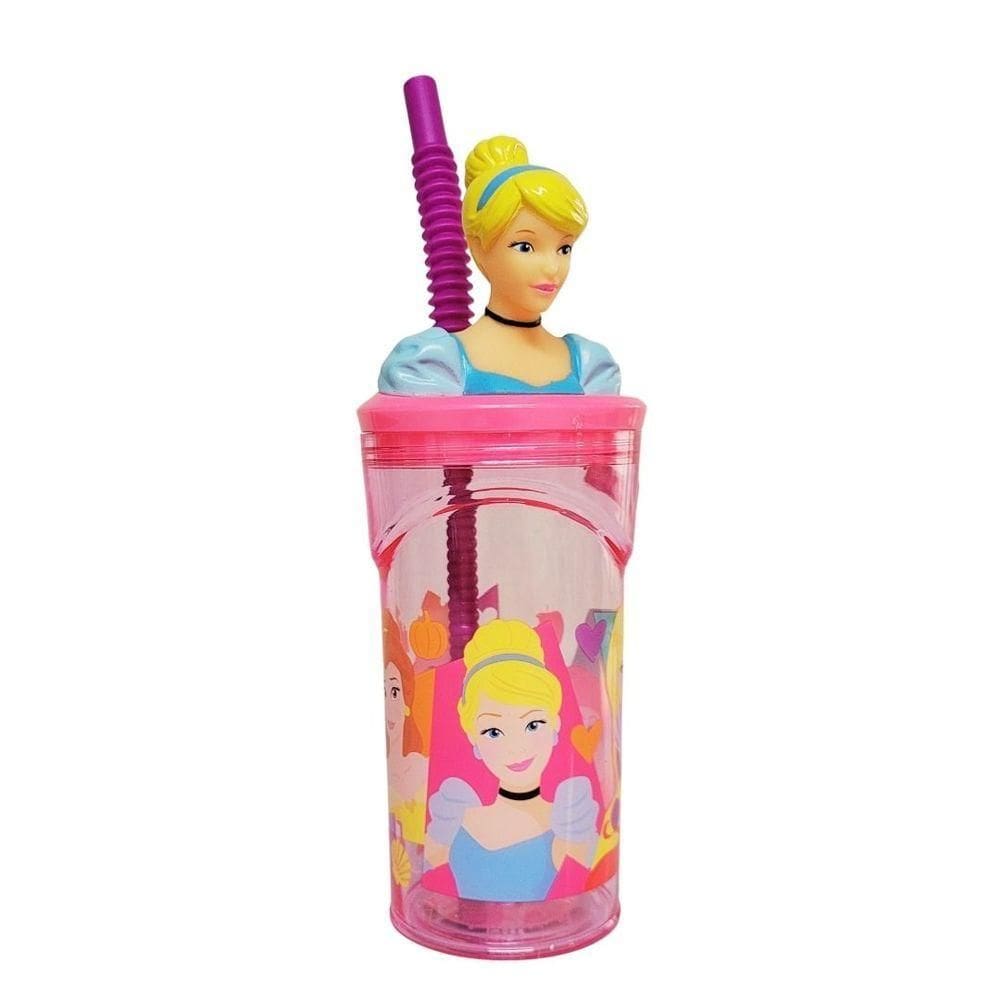 Copo Infantil Cinderela 3d Com Canudo 360ml Princesas Disney - Tuut