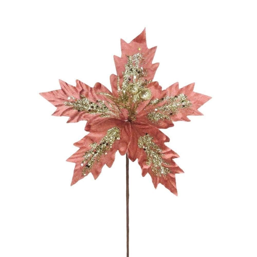 Flor Bico De Papagaio Veludo Rosê Pick Natal Glitter Dourado 24cm - Magizi