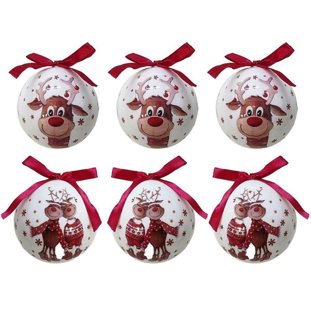 Conjunto 6 Bolas De Natal Decorada Branco Laqueado Premium Renas Love Com Laço Vermelho 7,5cm