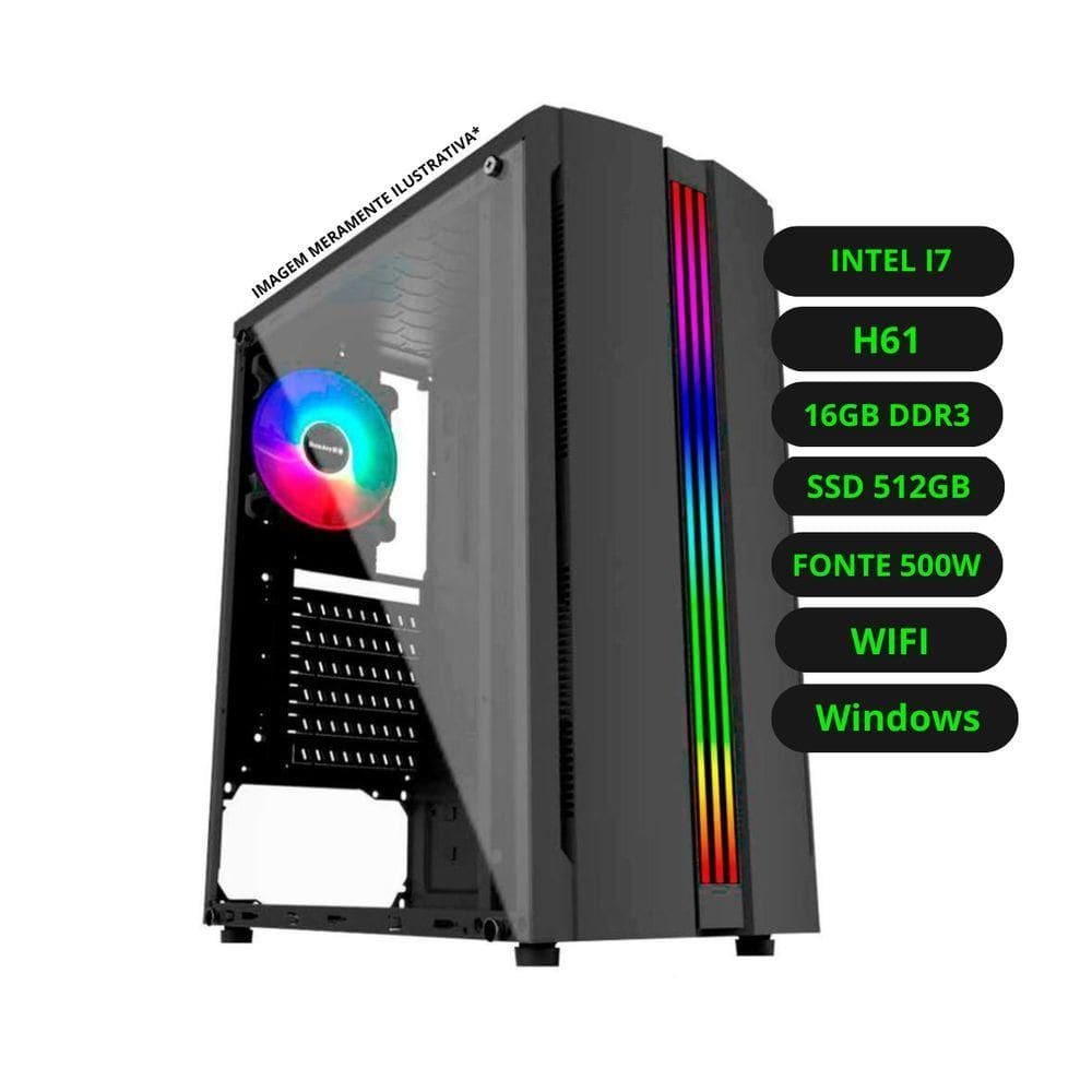 Computador CPU Gamer Intel Core i7 H61 16GB DDR3 SSD 512GB Fonte 500W WiFi