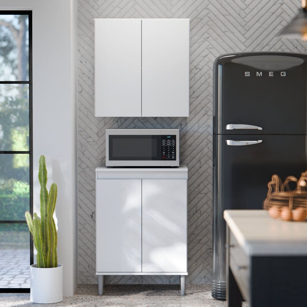 Armário Aéreo 1700 2 Portas e Balcão Micro-ondas 1500 Branco EJ Móveis