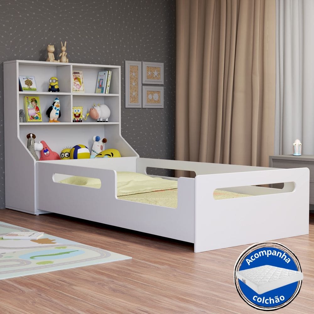 Cama Infantil Solteiro Montessori com Cabeceira Para Brinquedo e Colchão