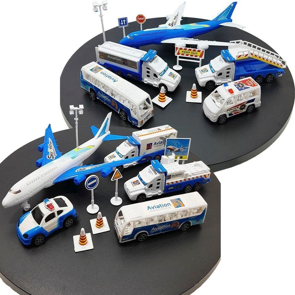 Kit Brinquedo Aeroporto Transito 22pçs Avião Caminhão ônibus