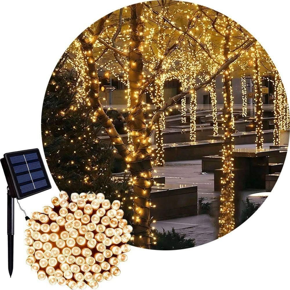 Pisca Cordão Varal Solar Natal 100 Lâmpadas Leds Amarelo 8m