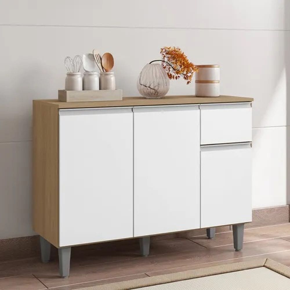 Bancada P/ Cozinha Vanessa Amêndoa/Branco C/Tampo 3 Portas 1 Gaveta - AJL Móveis