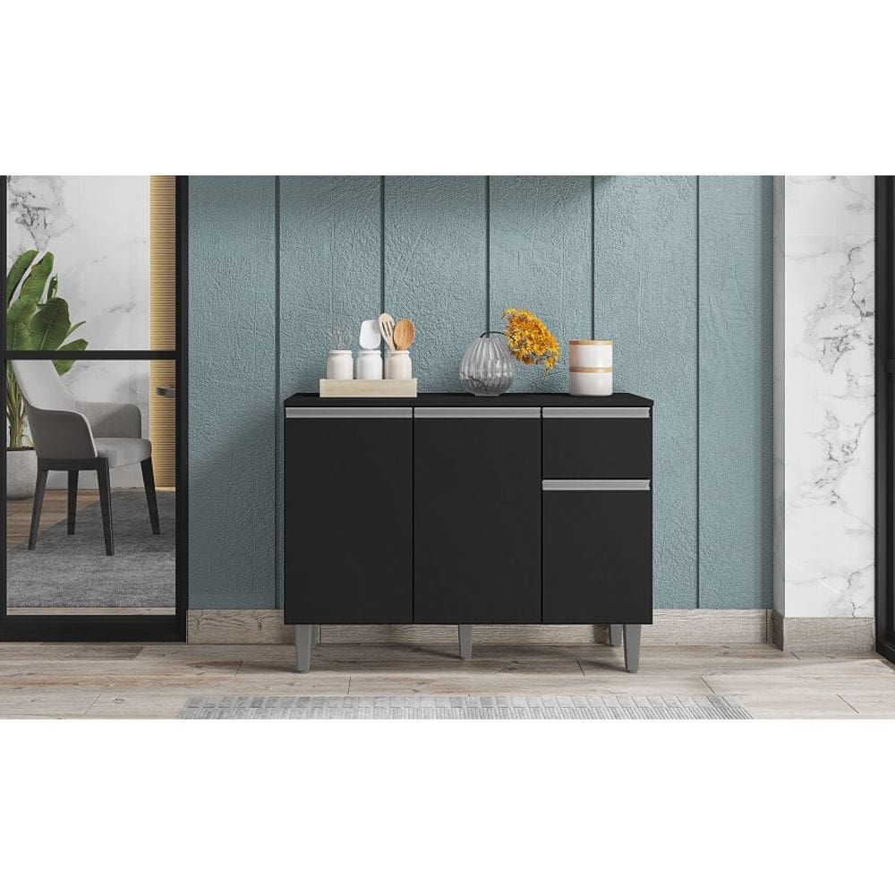 Armário Organizador Cozinha Vanessa Preto C/Tampo 3 Portas 1 Gaveta - AJL Móveis