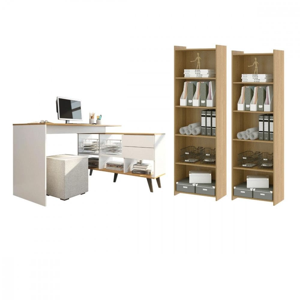 Conjunto Home Office 2 Estantes Prateleiras Mesa L Menu M?veis
