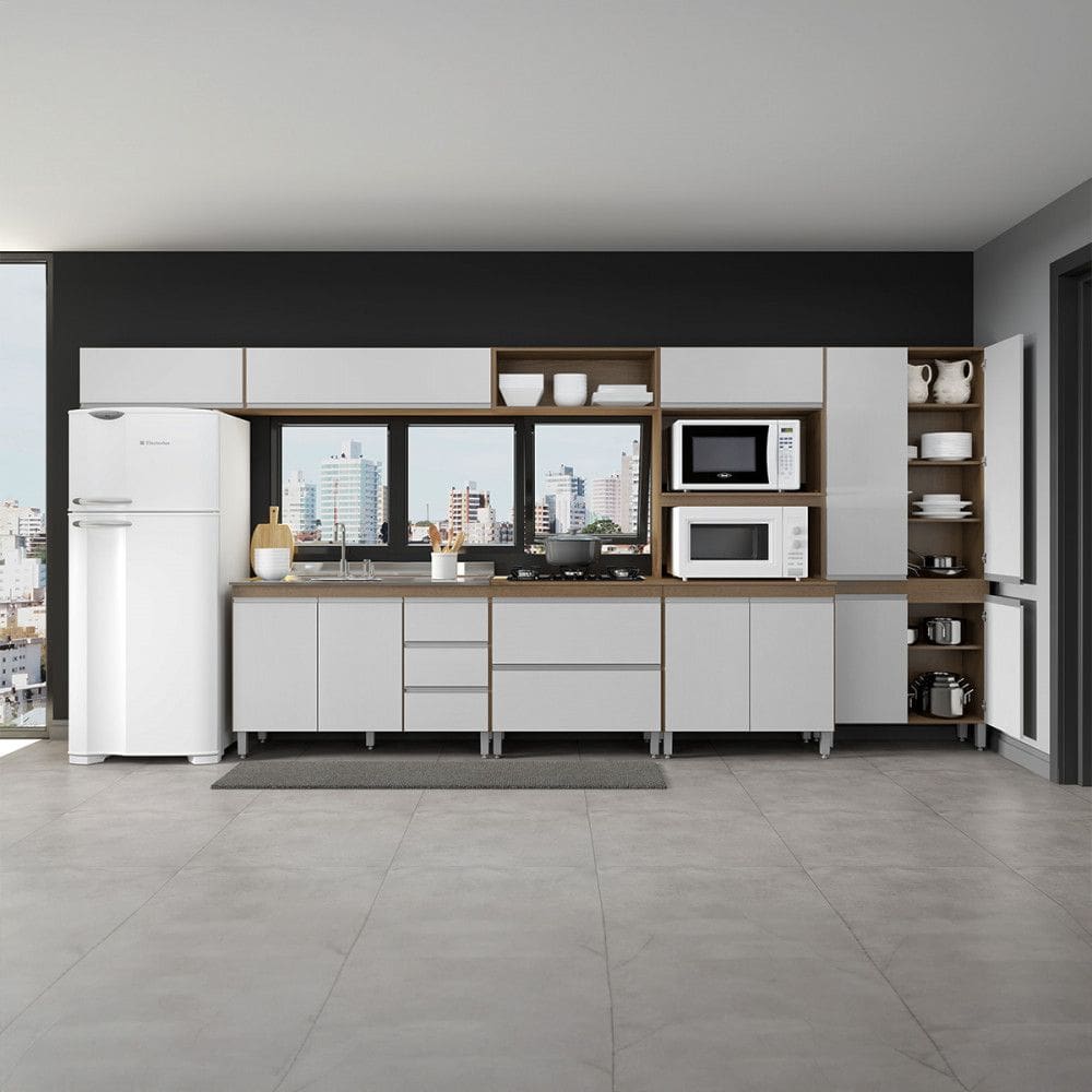 Cozinha Modulada com Balcao Pia Paneleiro Sabrina 360x202 Cm 6 Pecas MDP Menu Moveis