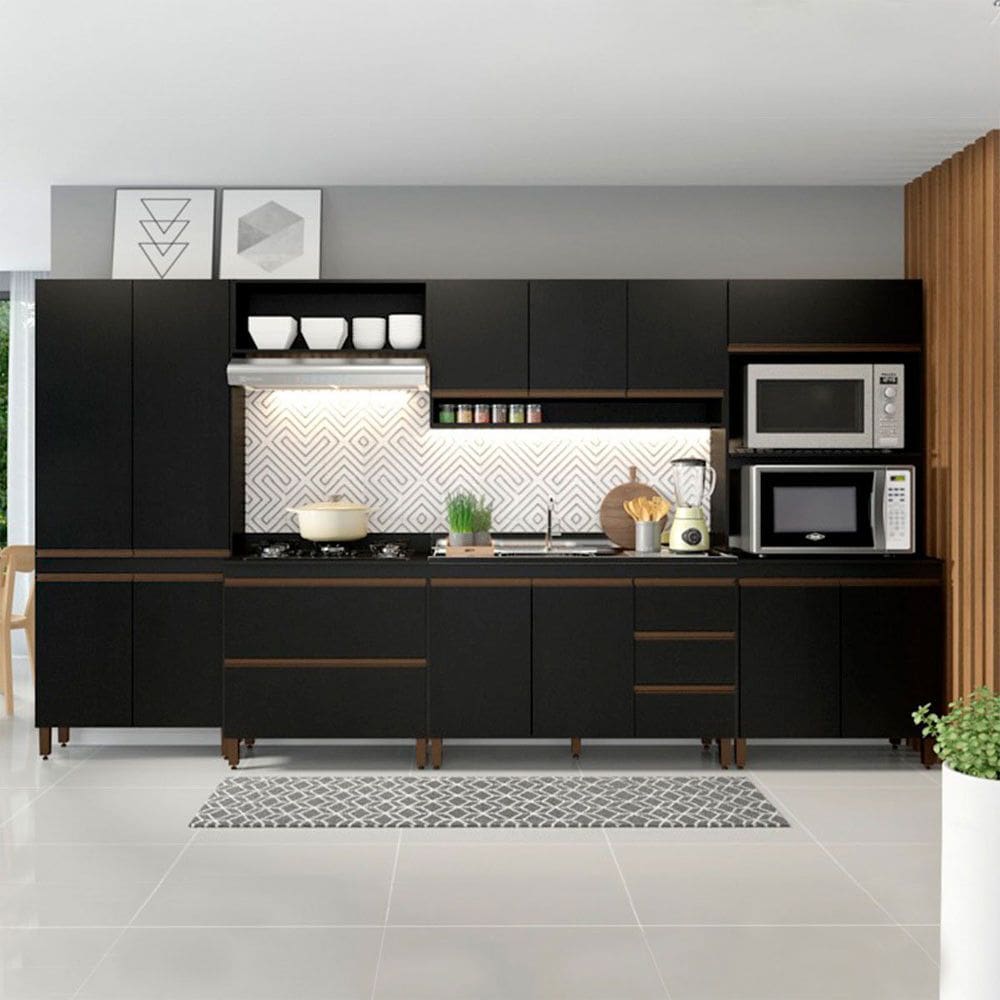 Cozinha Modulada Sabrina Texturizado 360x202cm com 6 Peças em MDP Preto Menu Móveis